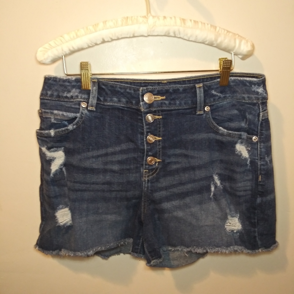 Maurices High Rise Button Fly Frayed Hem Distressed Dark Denim Shorts